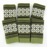 6 olive green Dralon napkins - white geometric patterns - vintage 60s