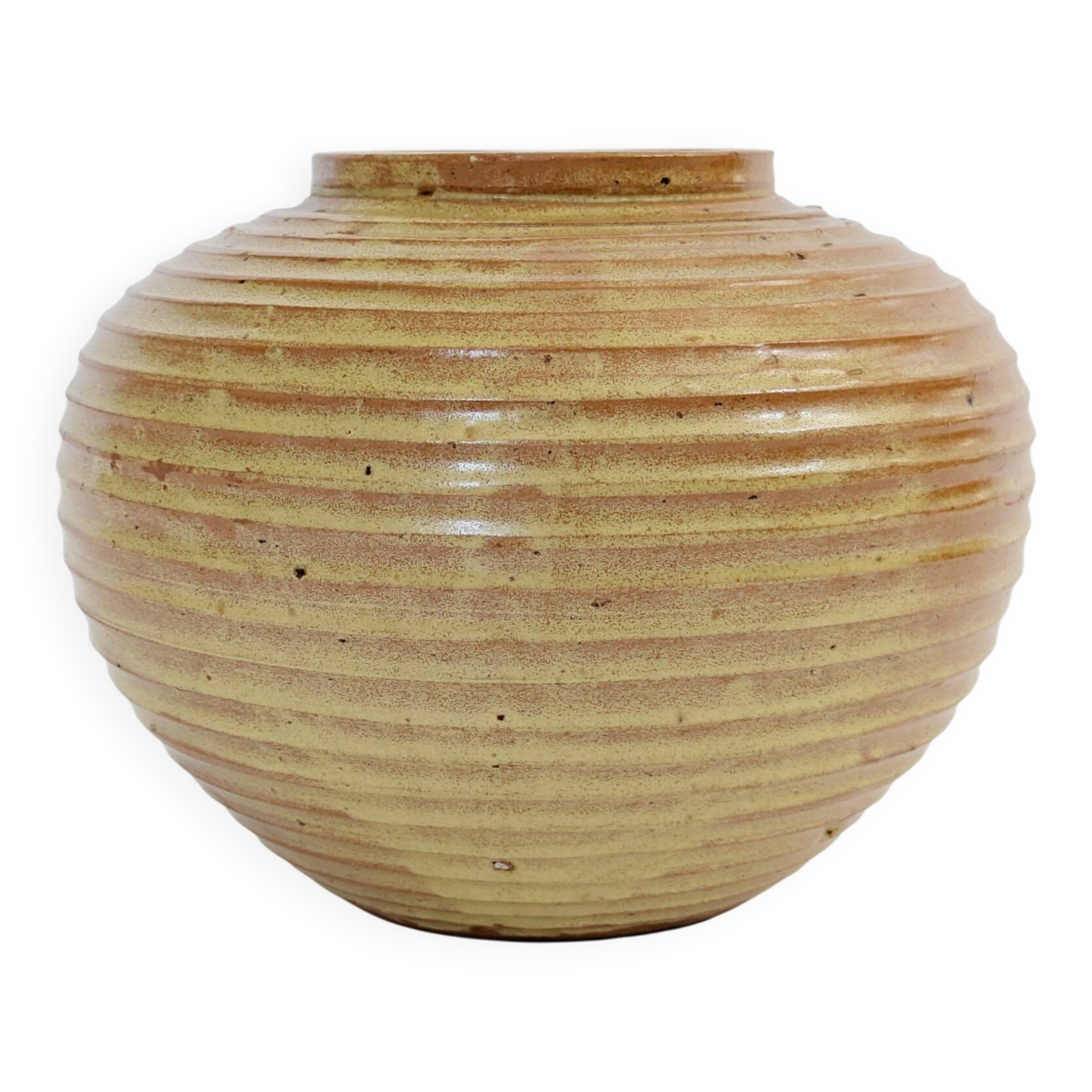 Vase vintage en grès ocre doré, céramique d’artiste signée