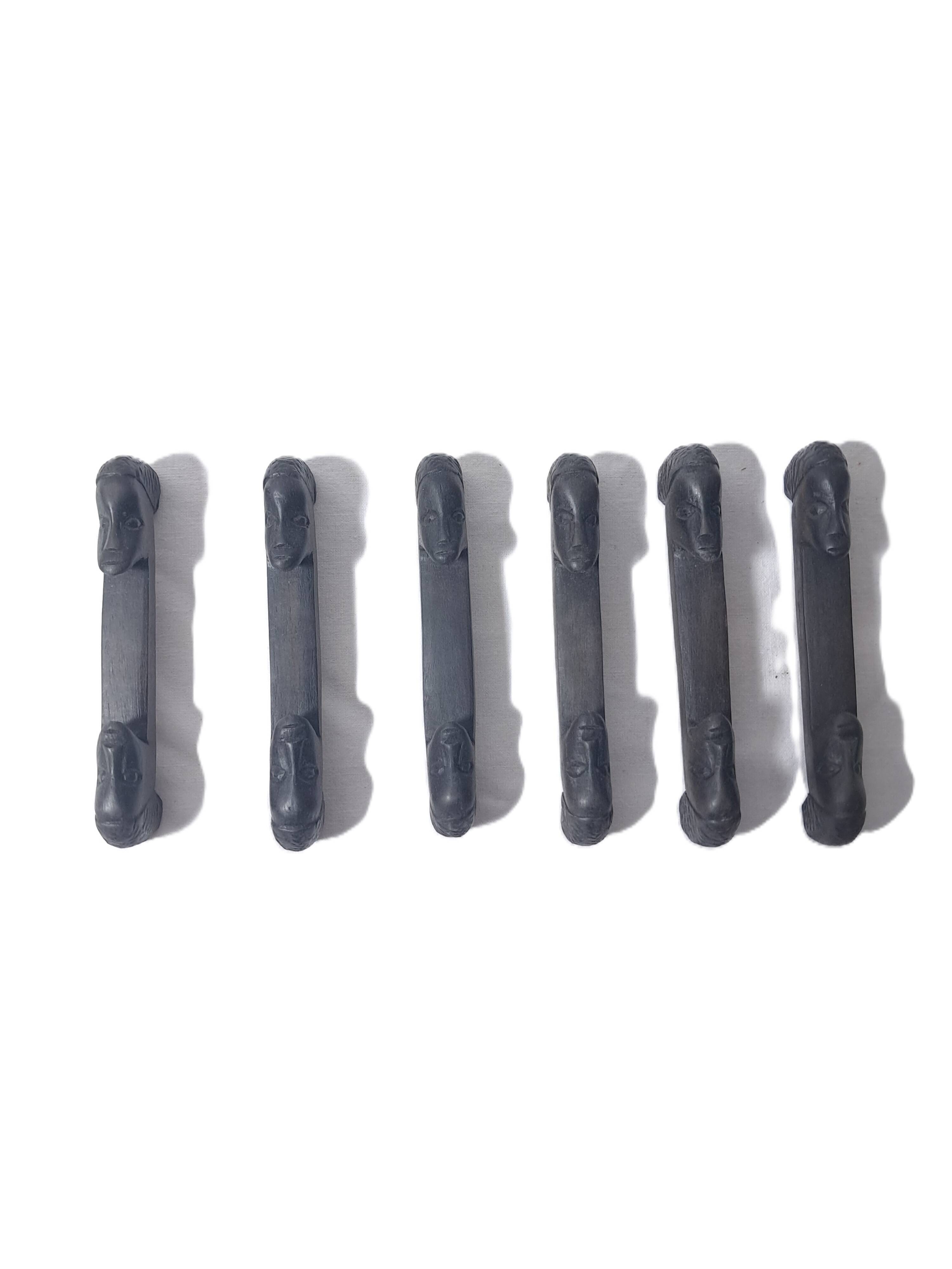 Set of six african cutlery holders carved in blackened wood