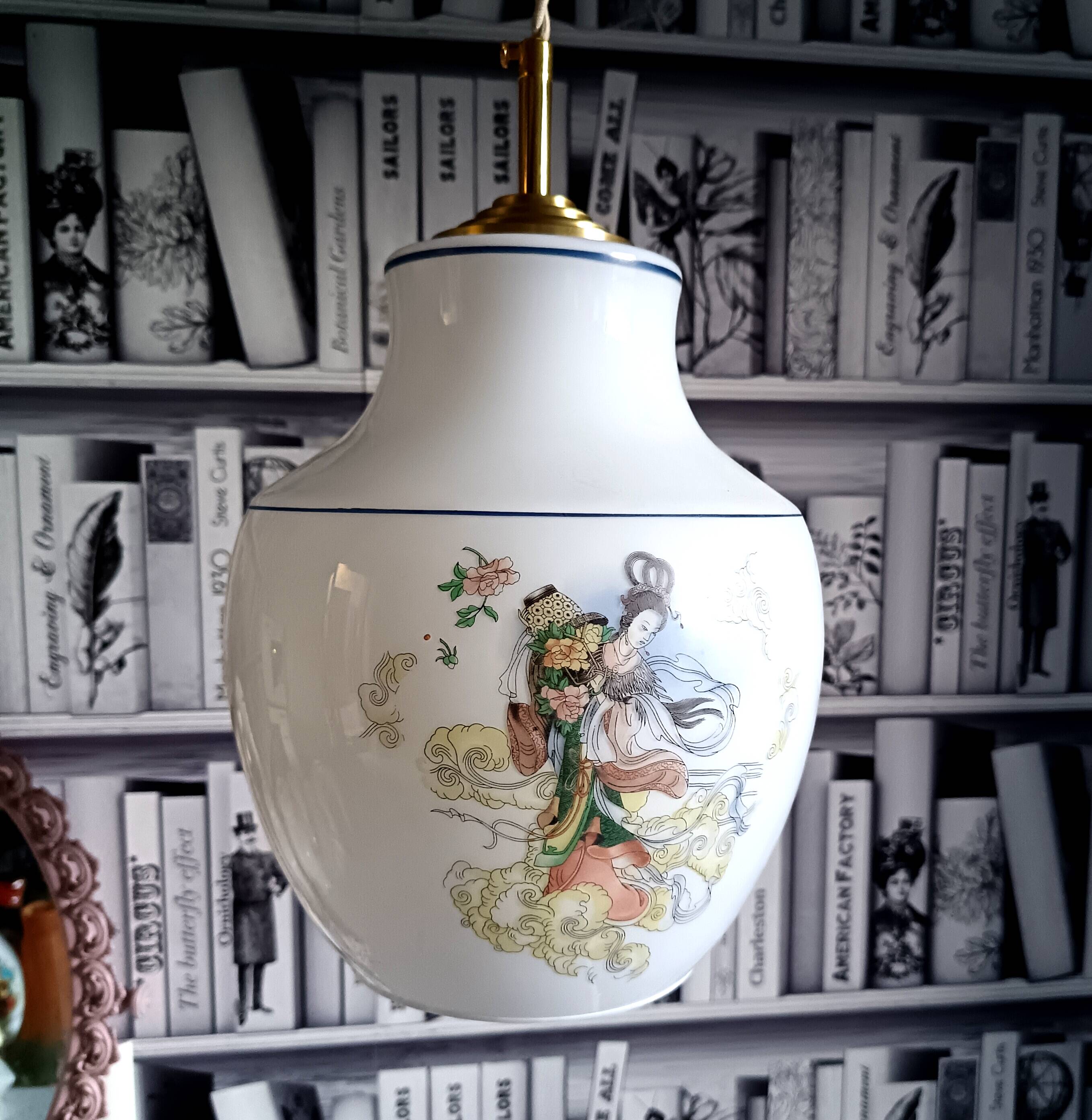 Vintage opaline glass pendant, multicoloured geisha patterns 1960, Anouck