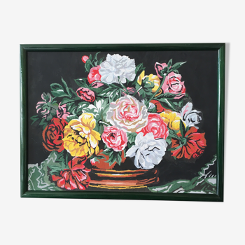 Tableau bouquet de fleurs sur fond noir et cadre vert