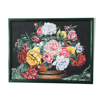 Tableau bouquet de fleurs sur fond noir et cadre vert