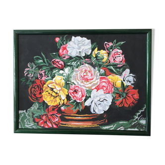 Bouquet of flowers on a black background and green frame