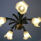 Chandelier of 5 corollas in white granite glass, central decoration with foliage 70s /80s