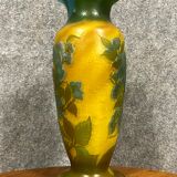 Vase in glass paste with trendy parakeets in a flowery universe signed Gallé