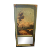 trumeau ancien à scène de chasse - Huile sur toile et miroir - Panneau