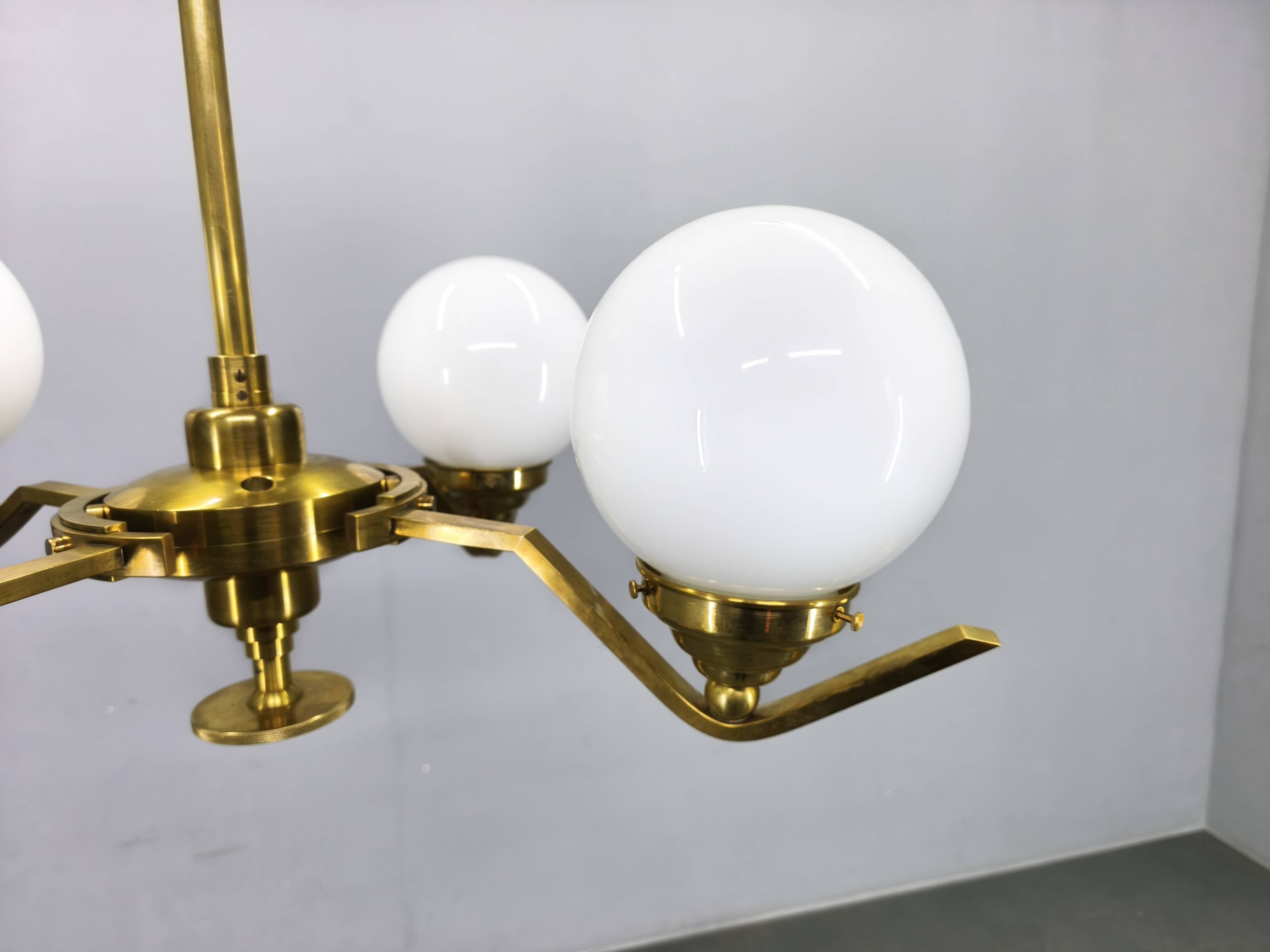 Adjustable Art Deco chandelier in brass with frosted glass, 1930s