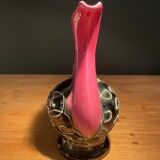 Pretty Vallauris pitcher in black and pink glazed ceramic white reliefs