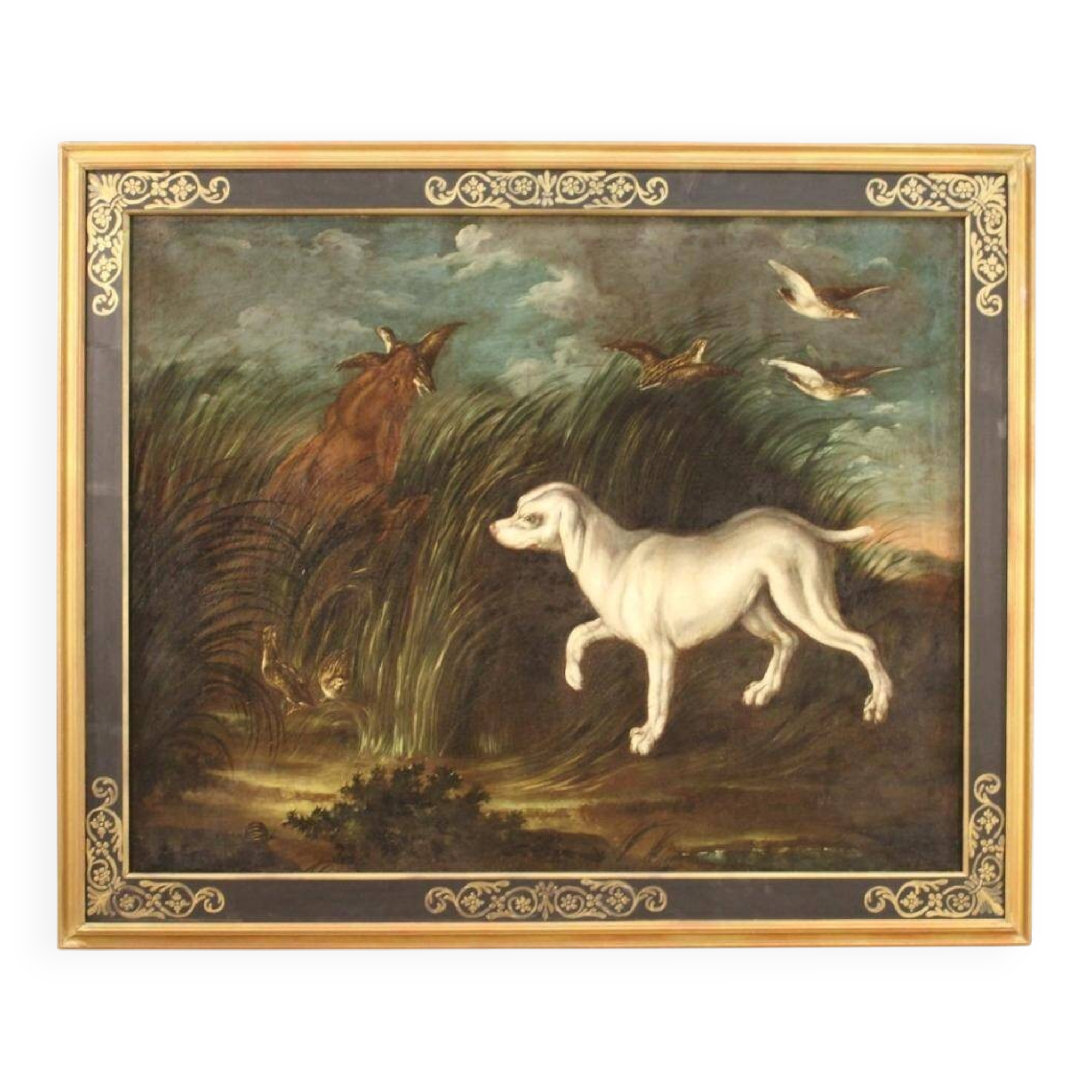 Peinture antique française paysage avec chien