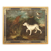 Peinture antique française paysage avec chien