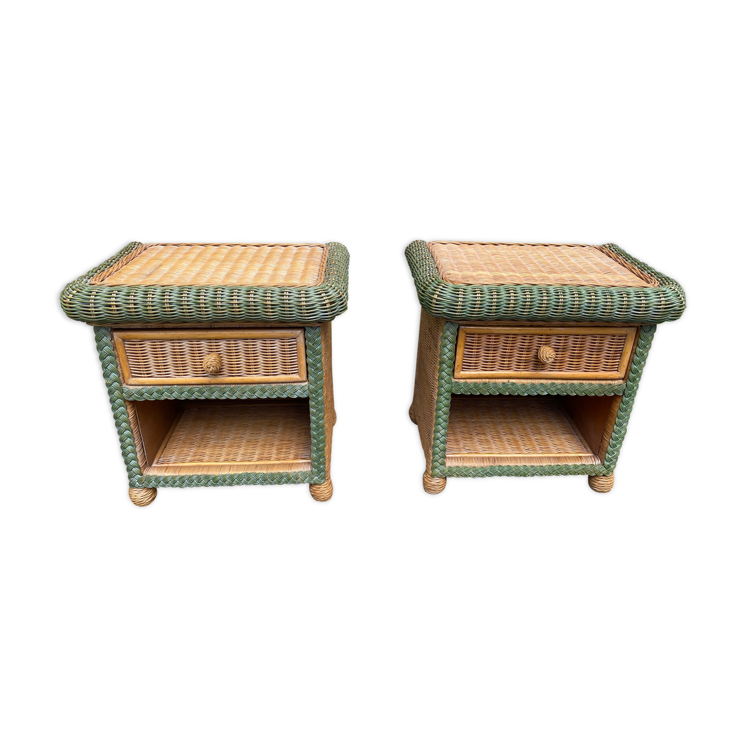 pair of bedside tables in rattan and wicker for rock bobois 1970
