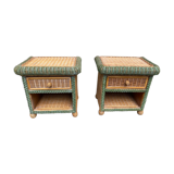 Paire de tables de chevet en rotin et osier pour roche bobois 1970