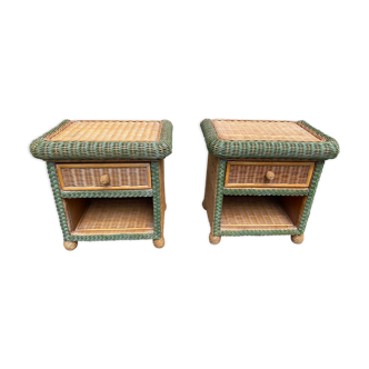 Paire de tables de chevet en rotin et osier pour roche bobois 1970