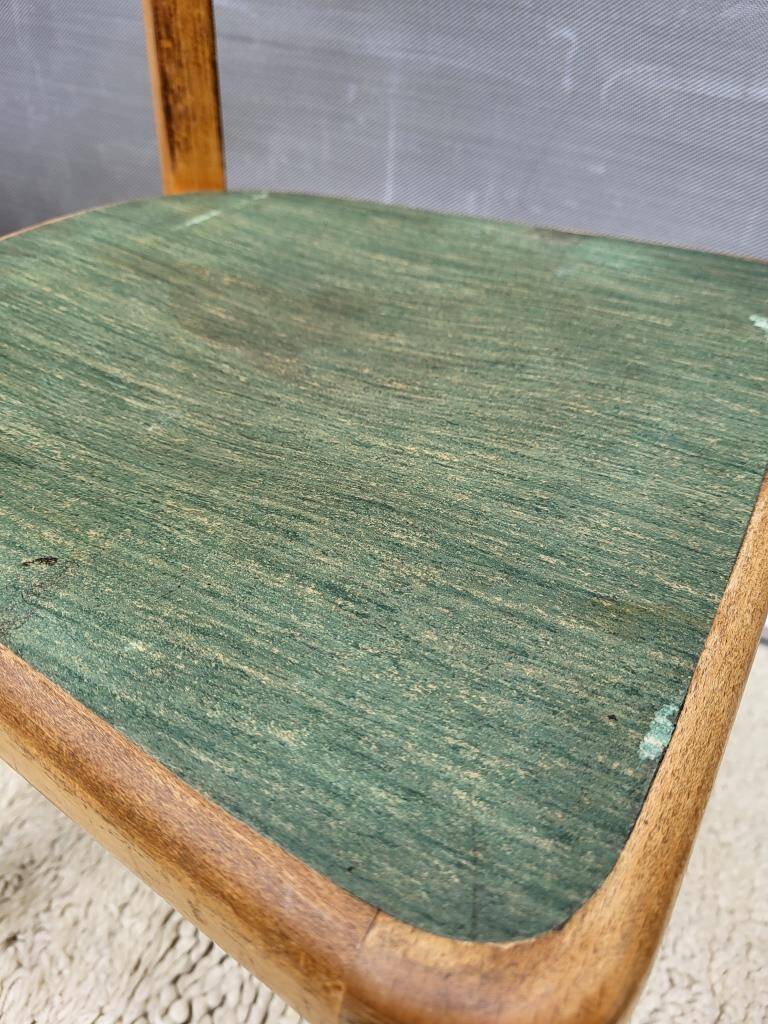 Trio chaises bistrot Baumann 1950 simili vert chiné