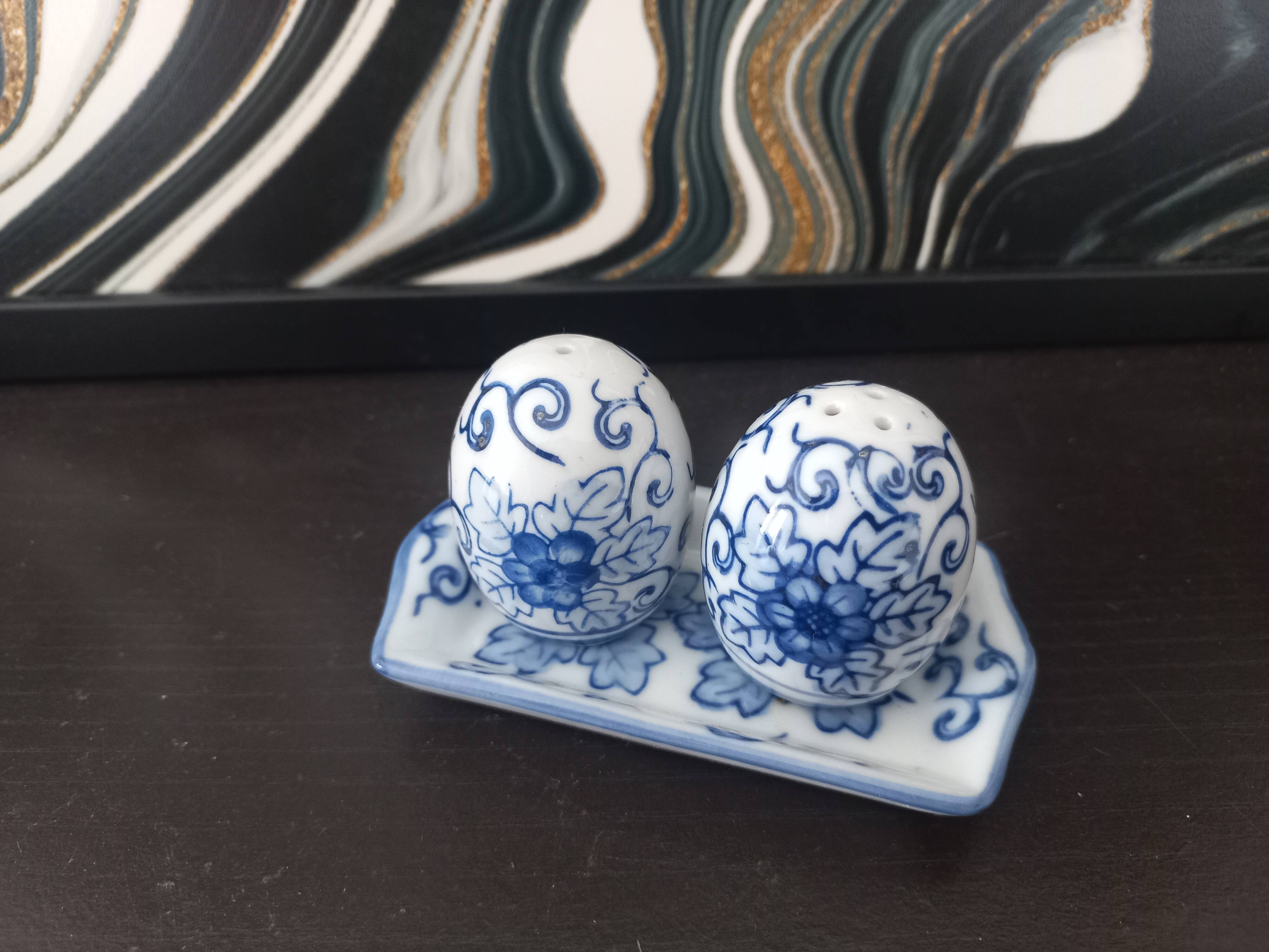 Vintage blue porcelain salt and pepper shakers