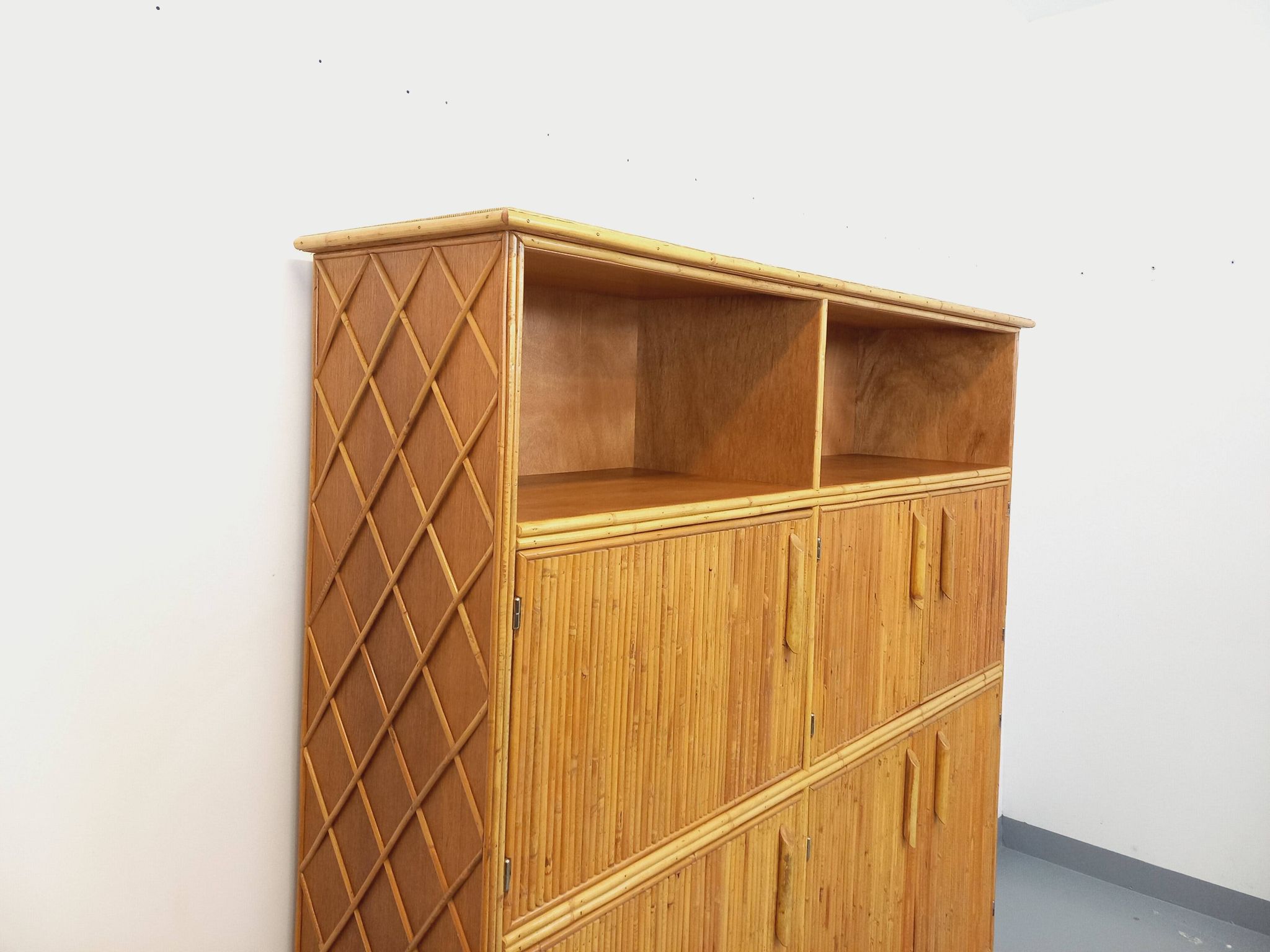 Vintage rattan and light wood storage unit from the 60s