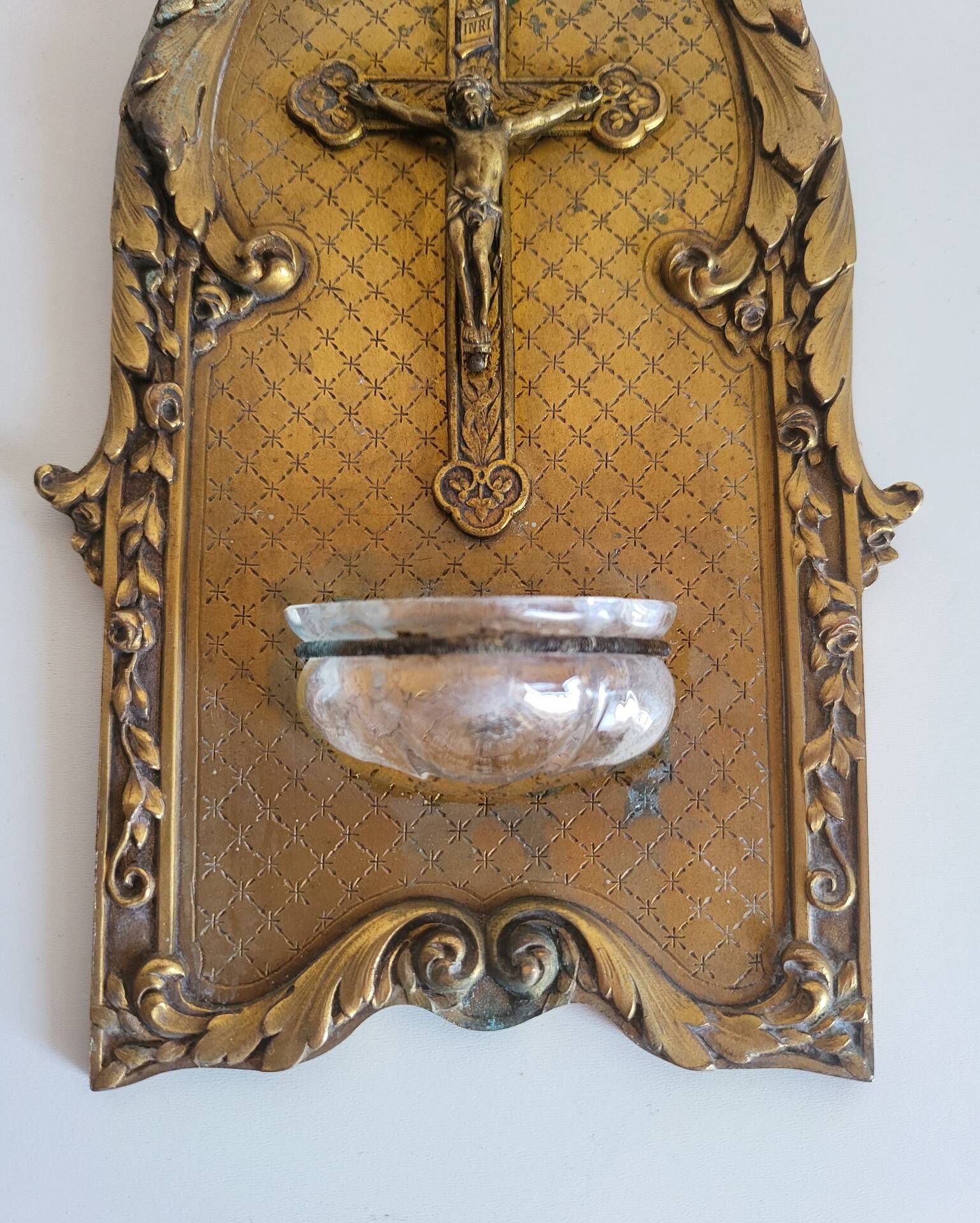 Antique Wall-mounted Bronze Font in Louis XVI Style Crucifix Cross