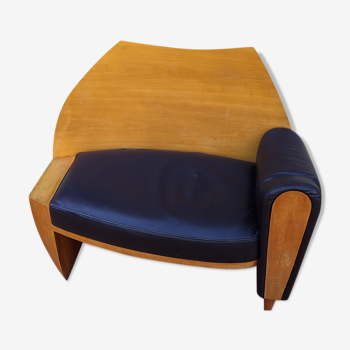 Canapé méridienne fauteuil chêne blond et cuir vintage