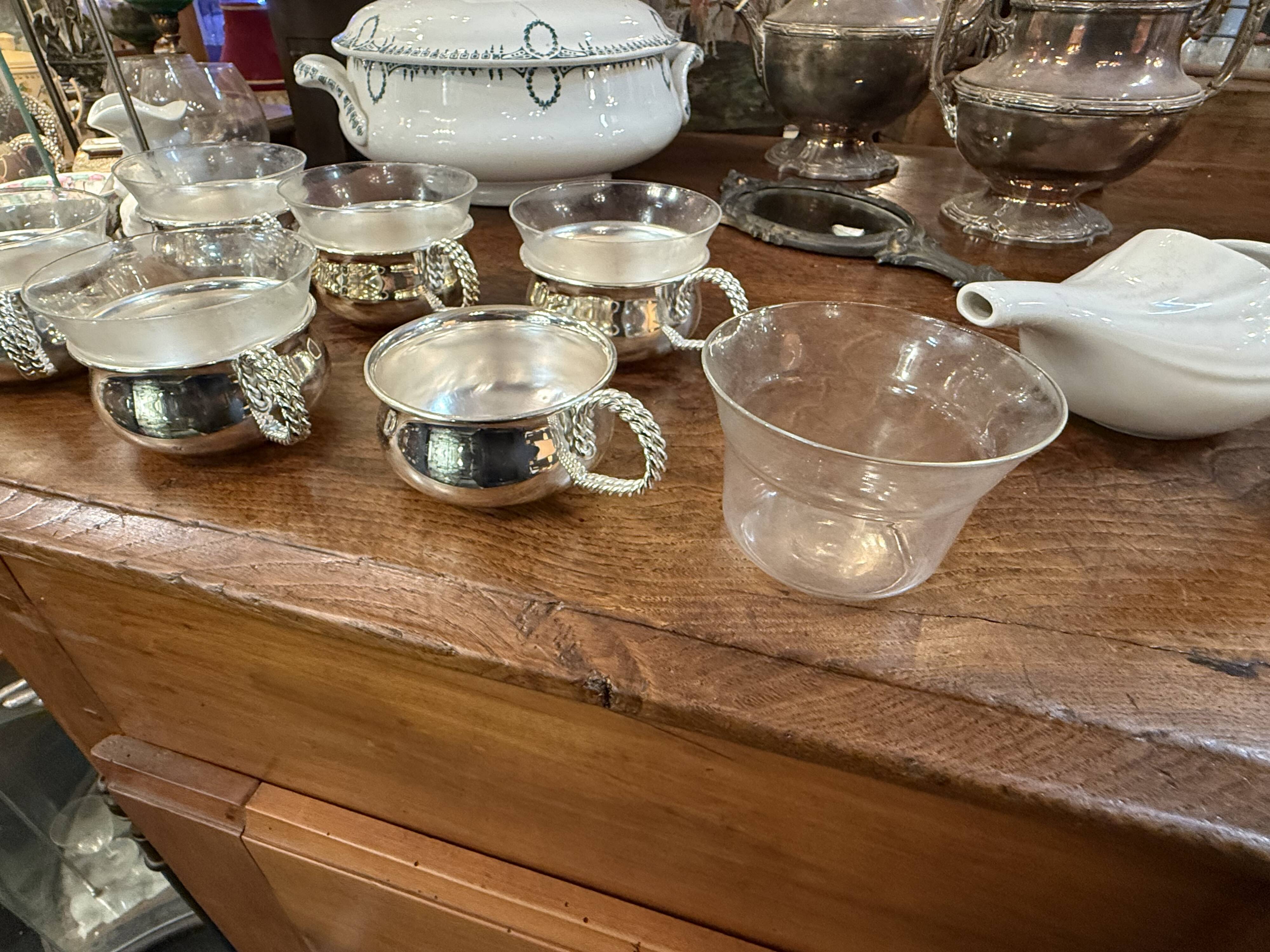 Set of 6 silver-plated metal and glass cups