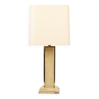 Vintage Table Lamp Travertine Brass Fedam Belgium 1970s Design