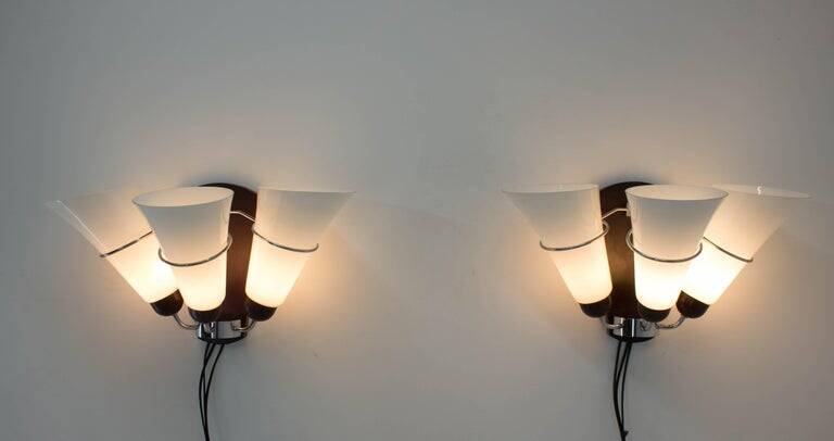 Pair of Minimalist Czechoslovakian Crystal Wall Lamps, 1970s