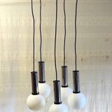 Cascade suspension with 5 chrome metal lights and opaline globes - 1970s