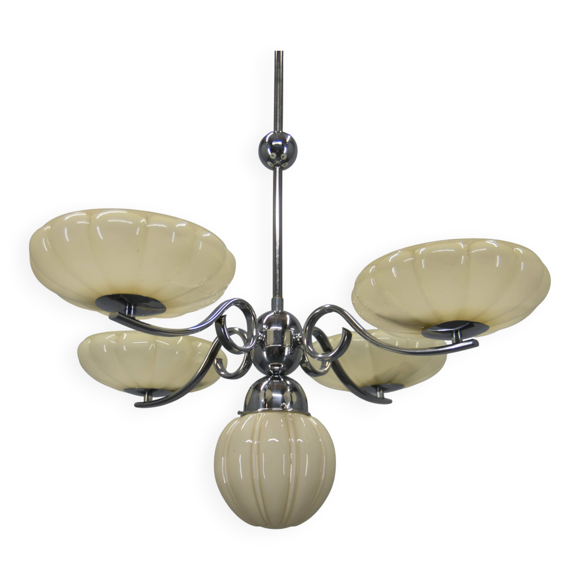 Art Deco Chrome and Glass Chandelier, 1930s