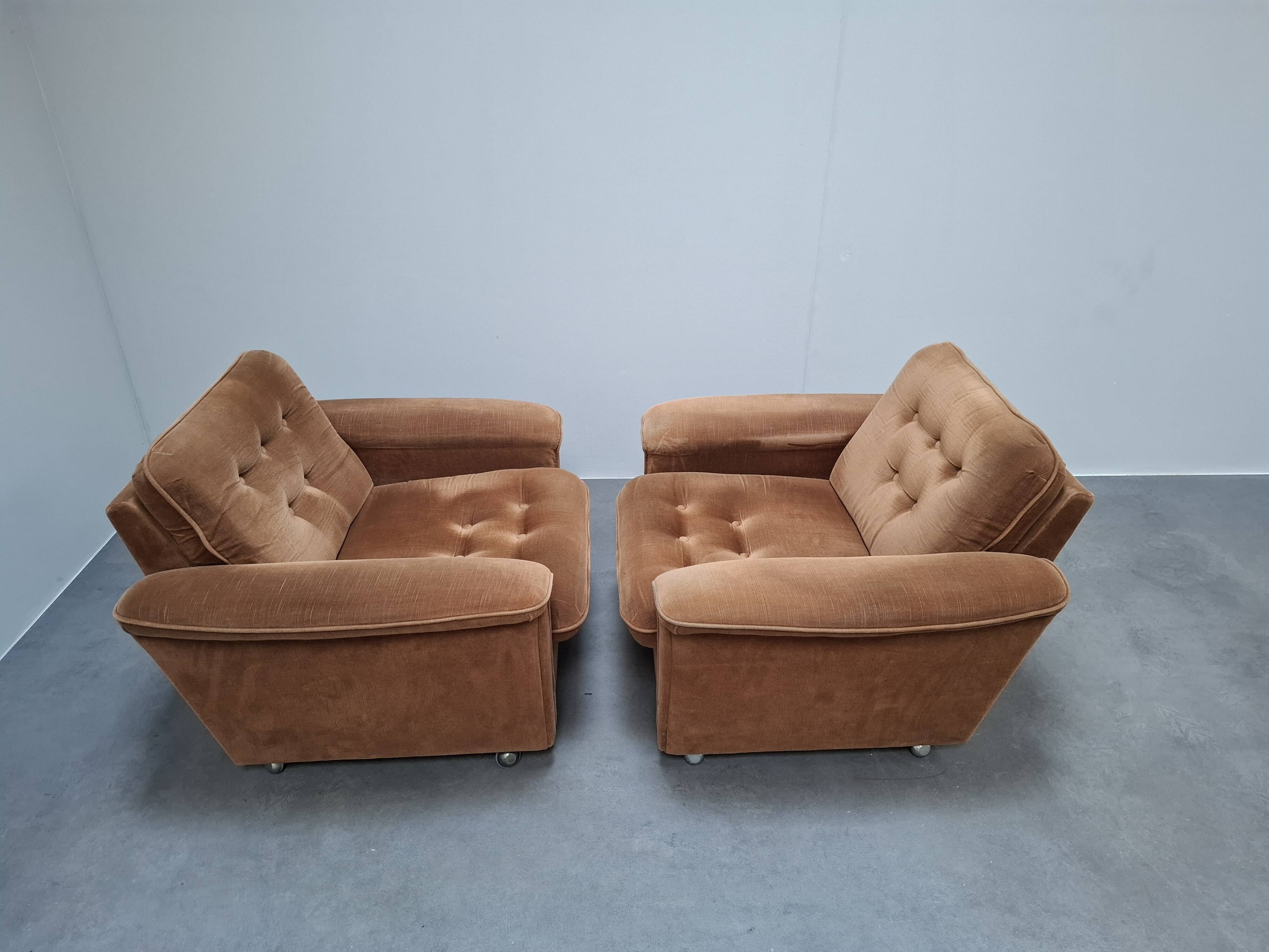 Pair of Mid-Century Modern Czech Lounge Armchairs with Rolling Casters