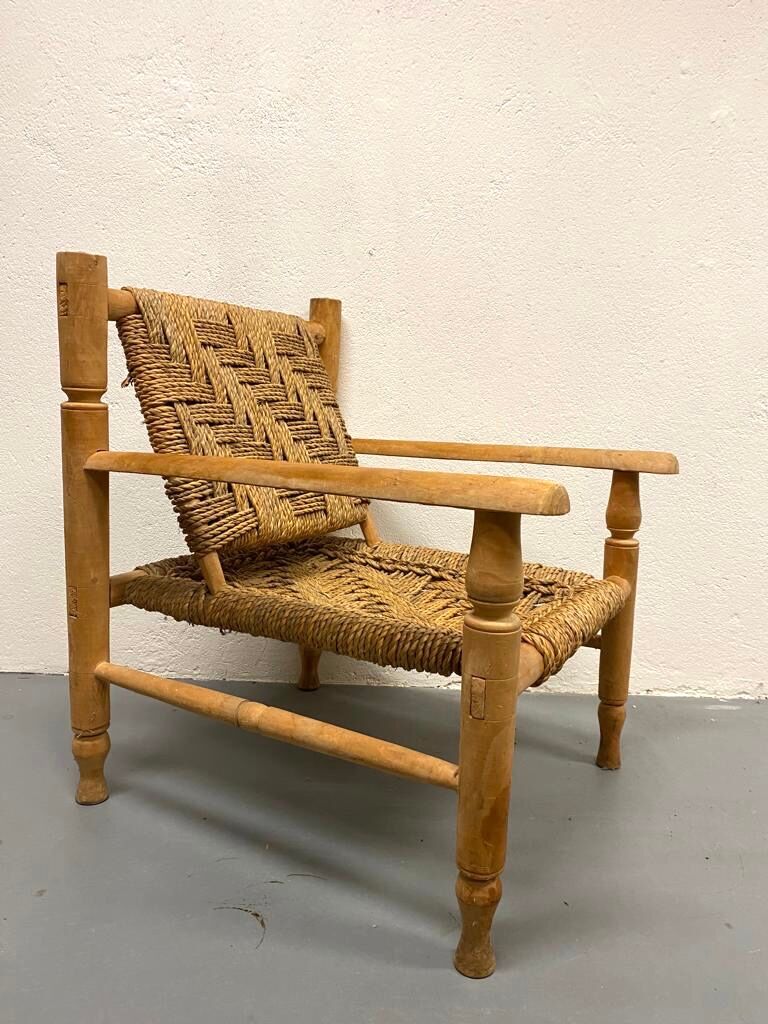 Wood and rope armchair and footrest