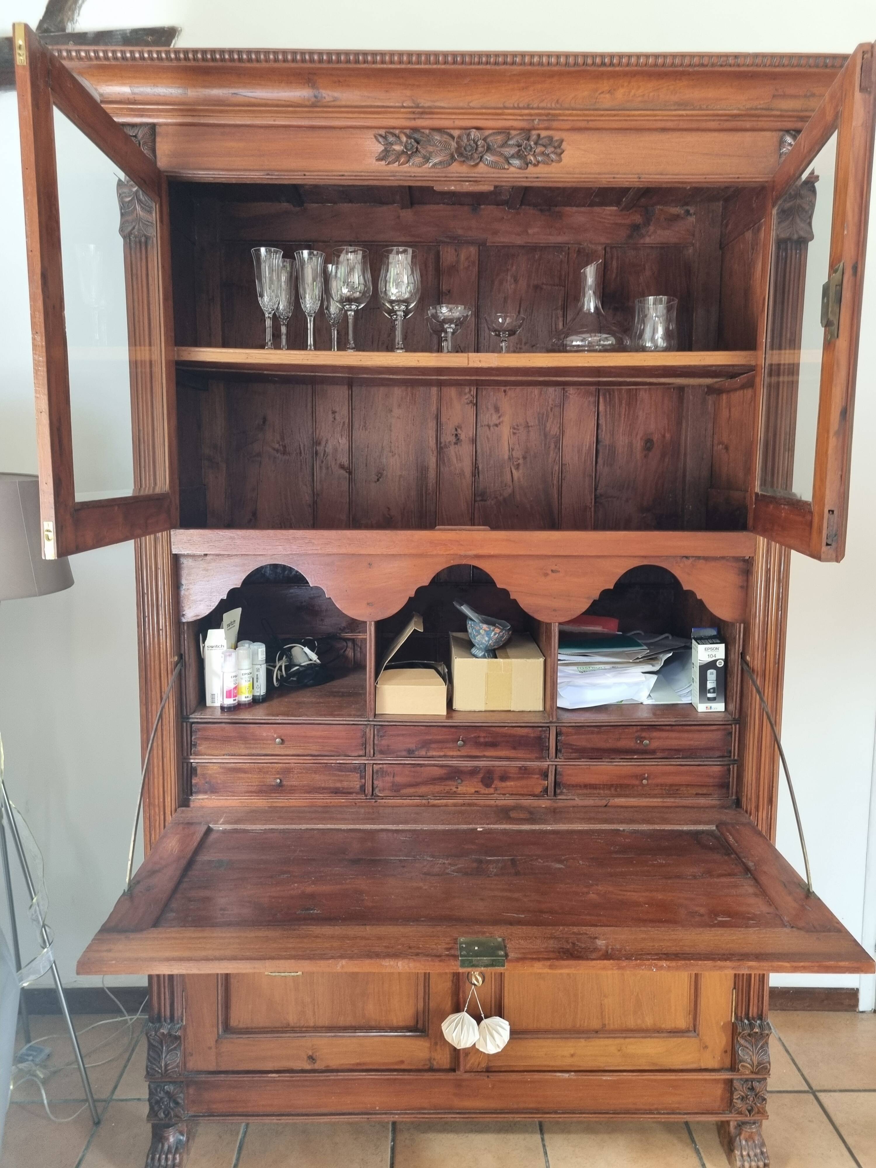 Cupboard, display cabinet, and secretary from Pondicherry, late 19th century.