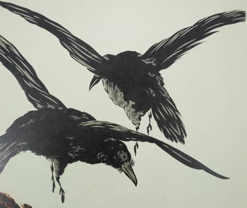 Mokuchu Urushibara: Japanese print, The Flight of the Crows (green), signed woodblock print.