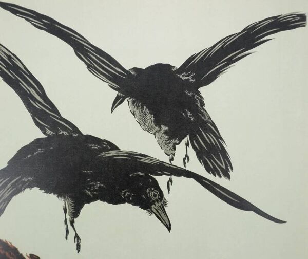 Mokuchu Urushibara : Estampe japonaise, L'envol des corbeaux (vert), gravure sur bois signée