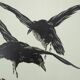 Mokuchu Urushibara: Japanese print, The Flight of the Crows (green), signed woodblock print.