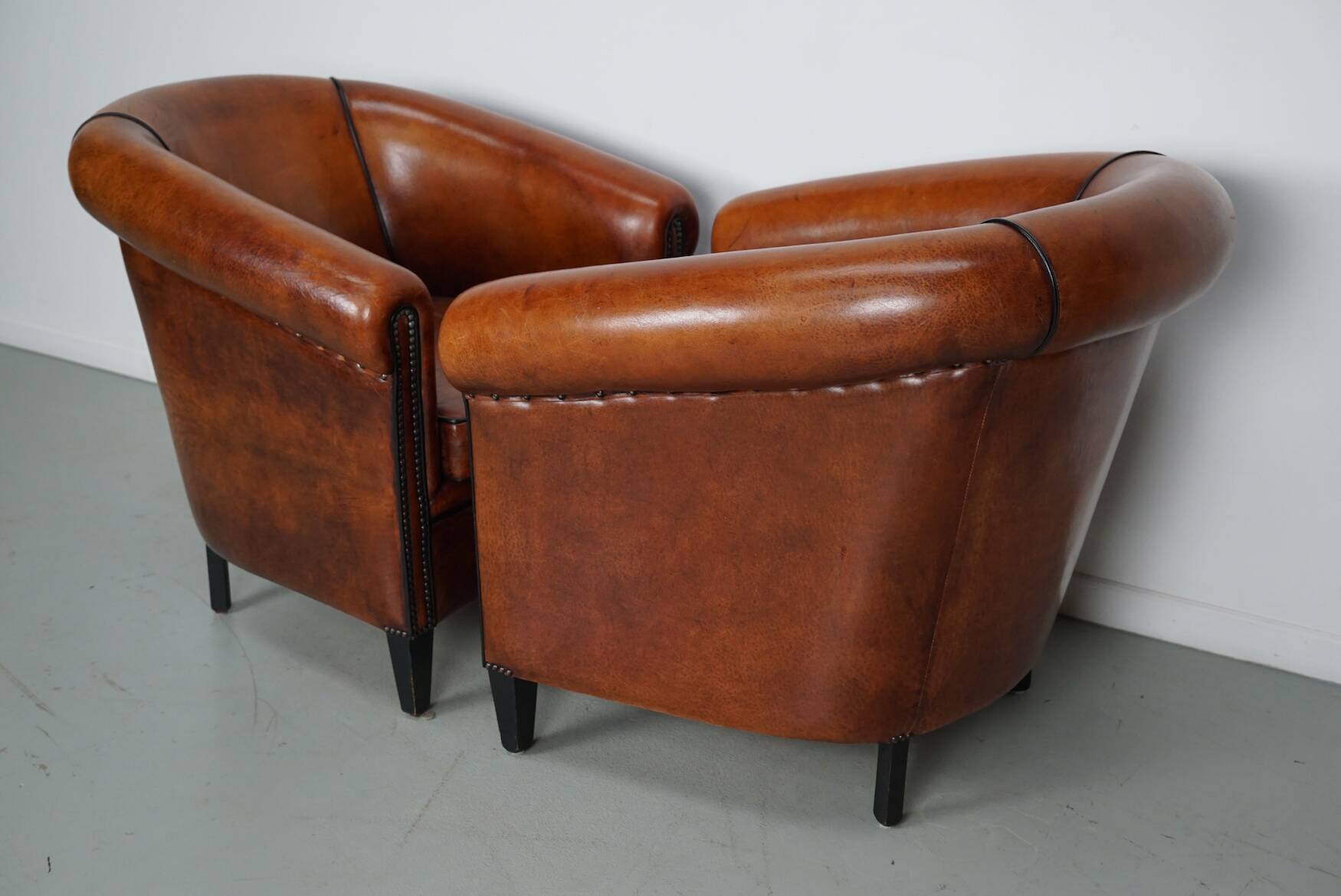 Vintage Dutch Cognac Colored Leather Club Chair, Set of 2