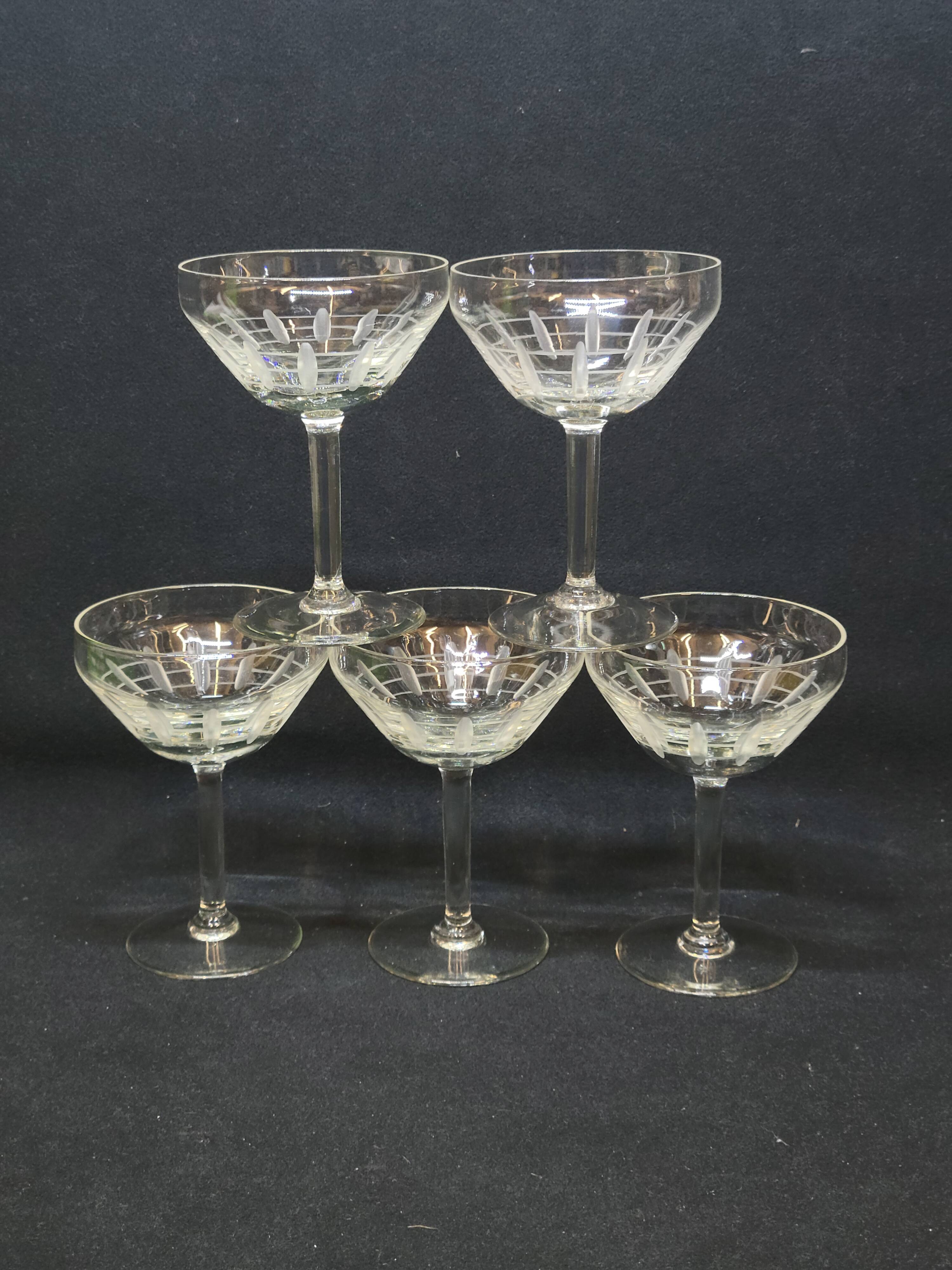 5 Antique Art Deco Palmette Cut Crystal Champagne Glasses