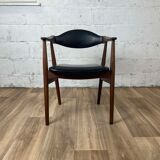 Fauteuil scandinave vintage en teck et skaï noir, années 60
