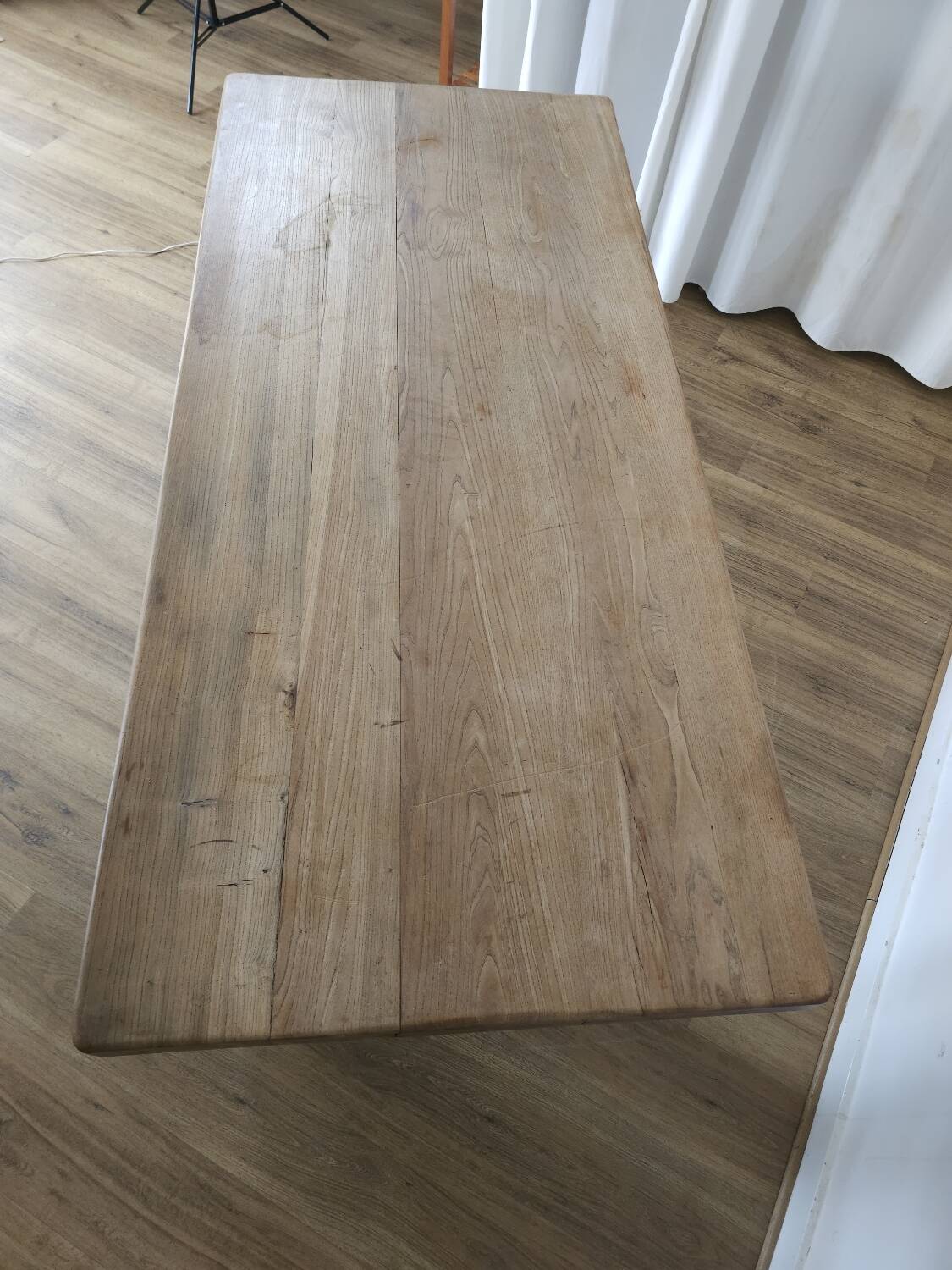 Rustic solid oak table with wrought iron, circa 1950.