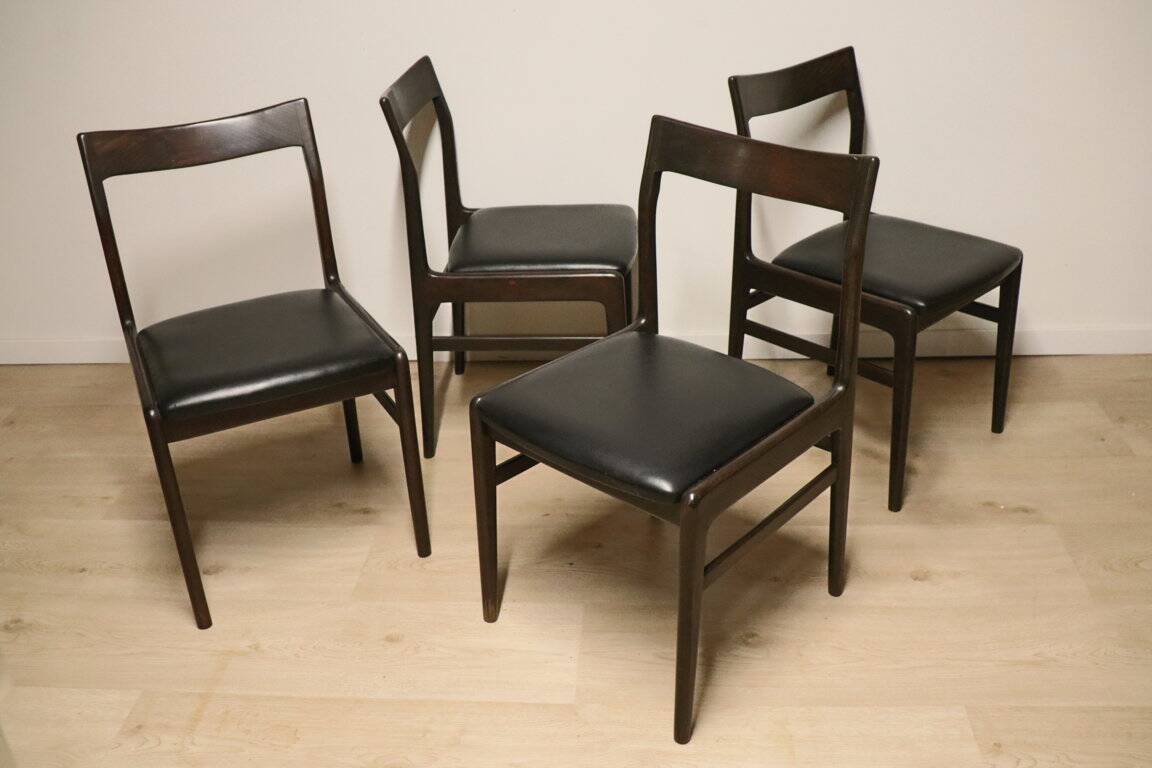 Set of 4 vintage chairs in teak and imitation leather, 1960s
