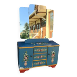 Vintage wooden dressing table painted blue with floral decoration, triptych mirror, 1940s.
