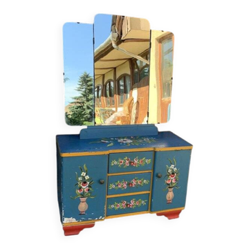 Vintage wooden dressing table painted blue with floral decoration, triptych mirror, 1940s.