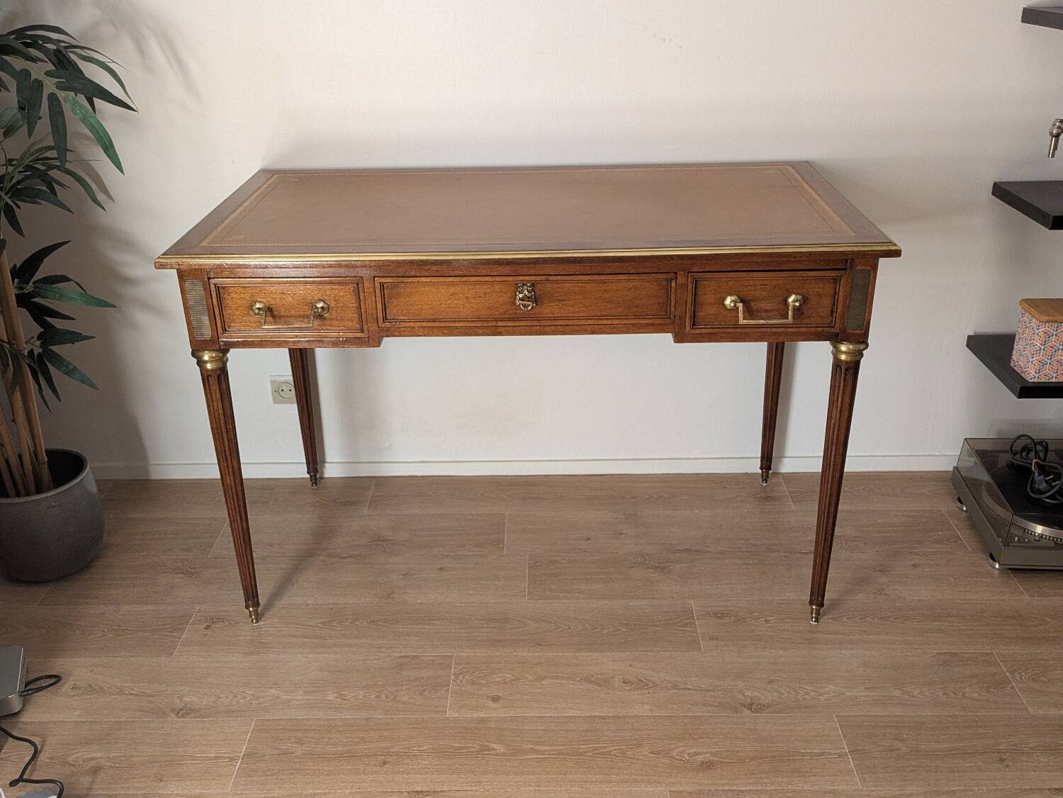 Antique Louis XVI style vintage desk, leather, brass, cherry wood