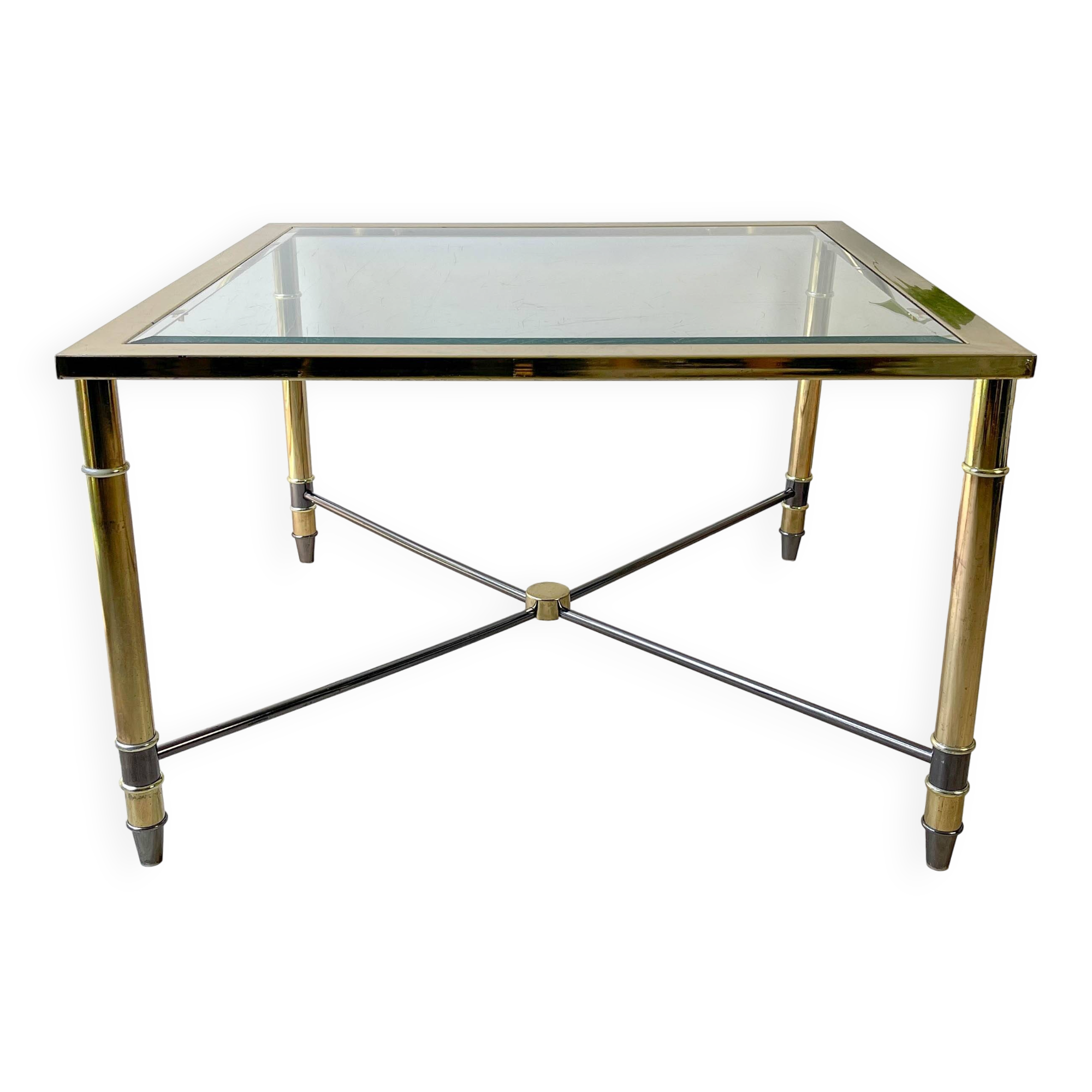 Vintage Brass and Square Beveled Glass Coffee Table