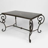 Coffee table in patinated wrought iron and black marble, circa 1940
