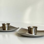 Vintage brushed metal geometric candle holders