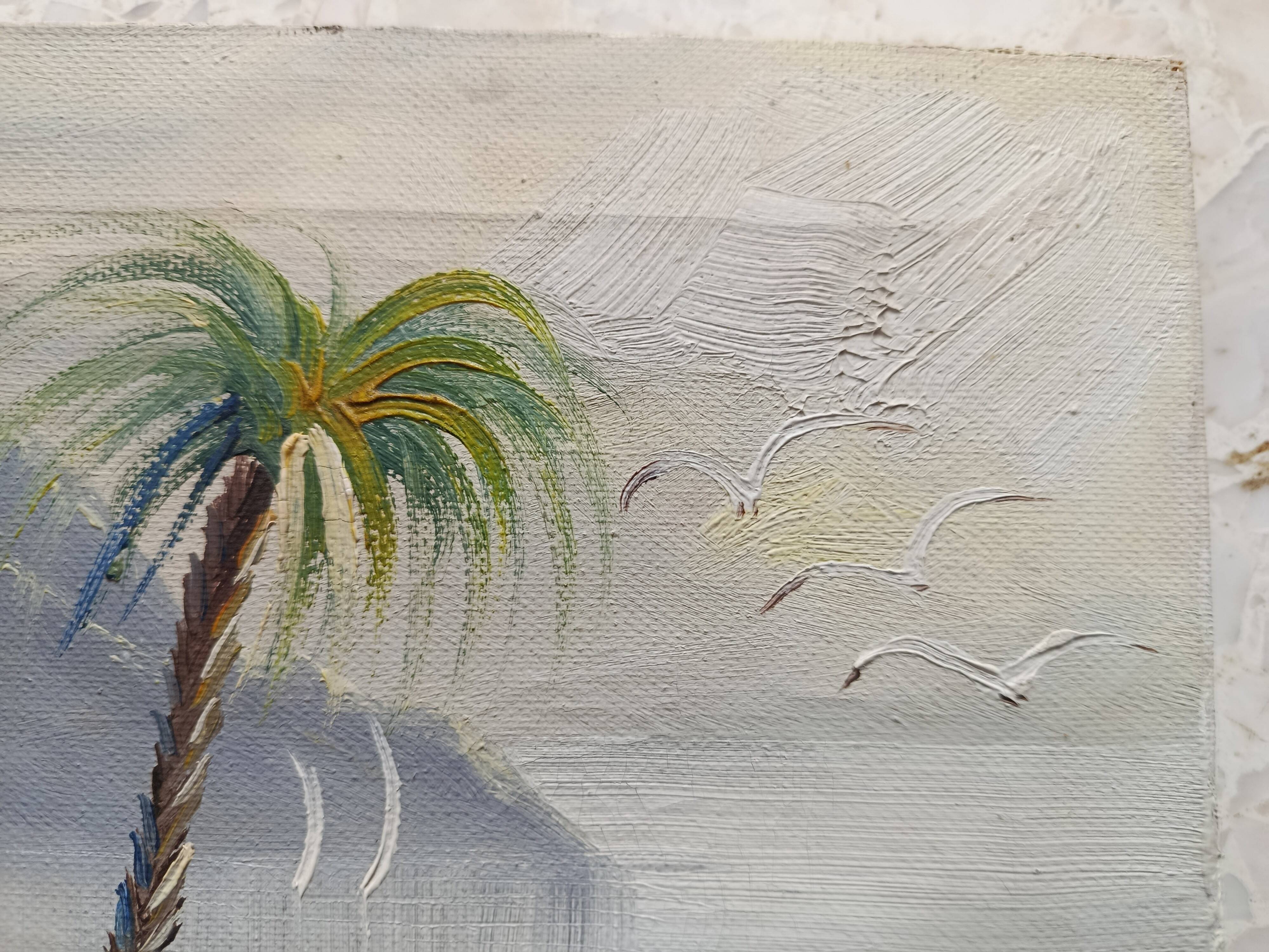 Hst 20th century signed solana: fishermen's houses, palm tree, tenerife, canary islands, spain