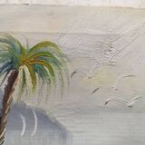 Hst 20th century signed solana: fishermen's houses, palm tree, tenerife, canary islands, spain
