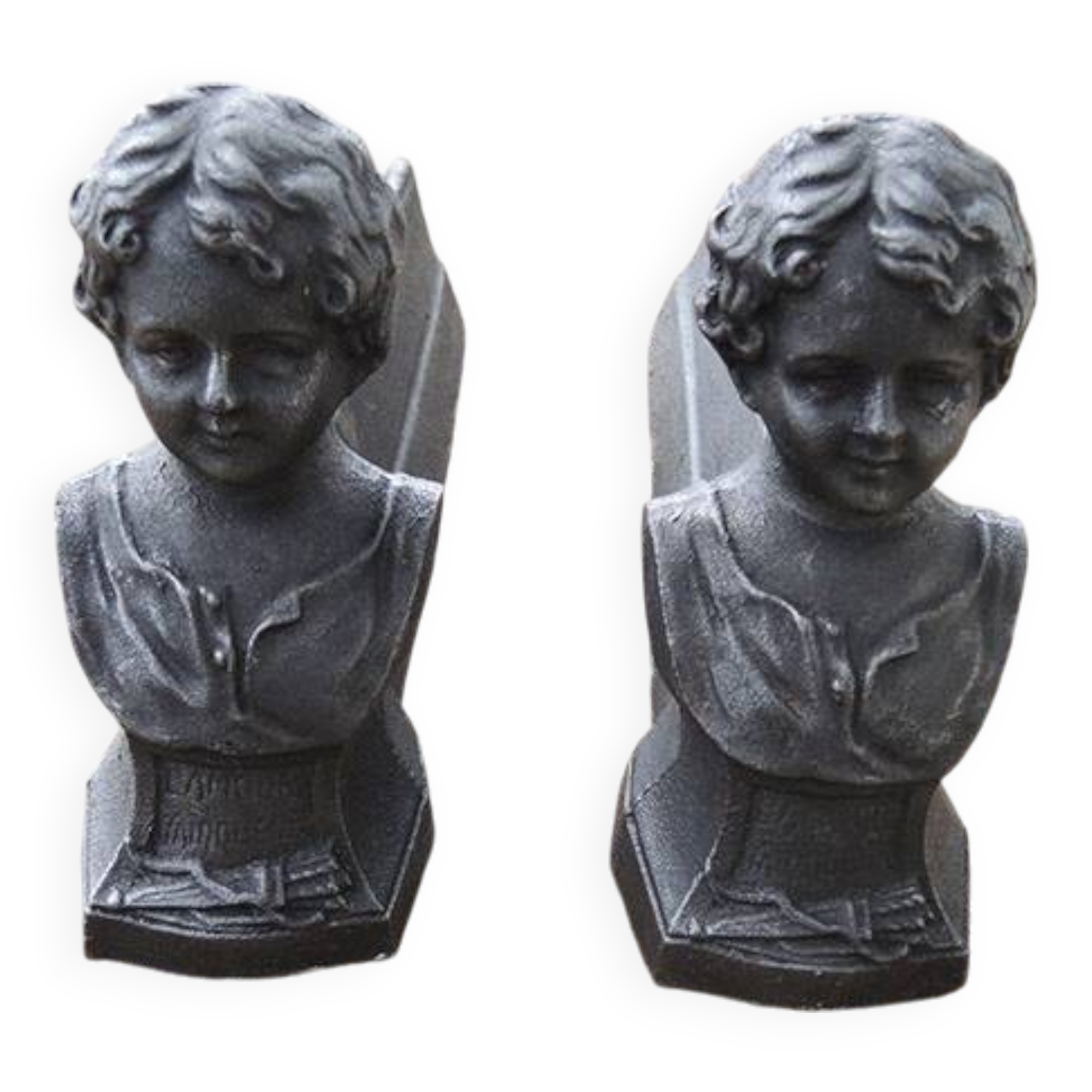 Antique cast iron fireplace andirons: bust of a garçonne