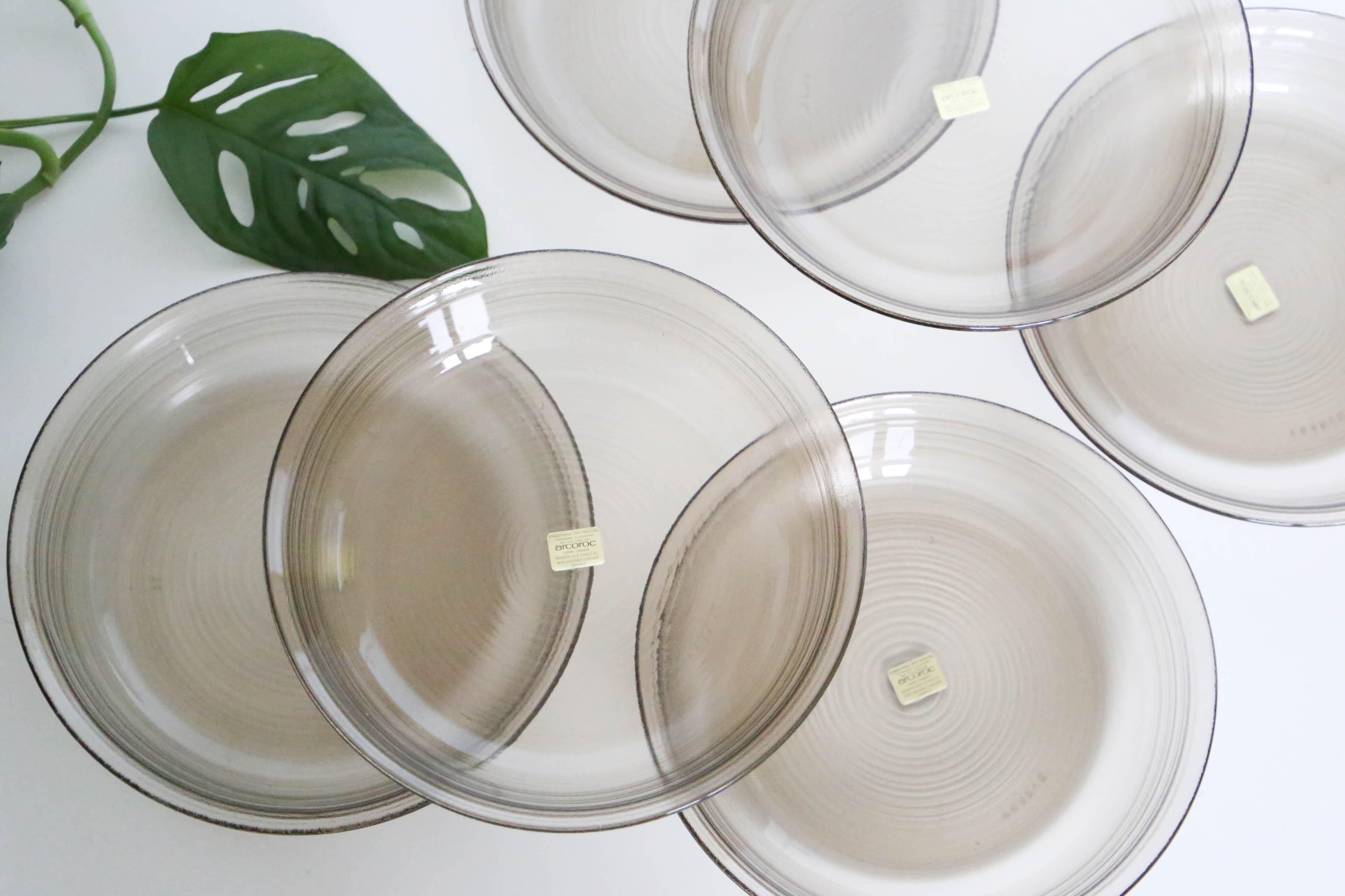 Set of 6 hollow plates Arcoroc, in gray smoked glass, vintage French