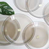 Set of 6 hollow plates Arcoroc, in gray smoked glass, vintage French