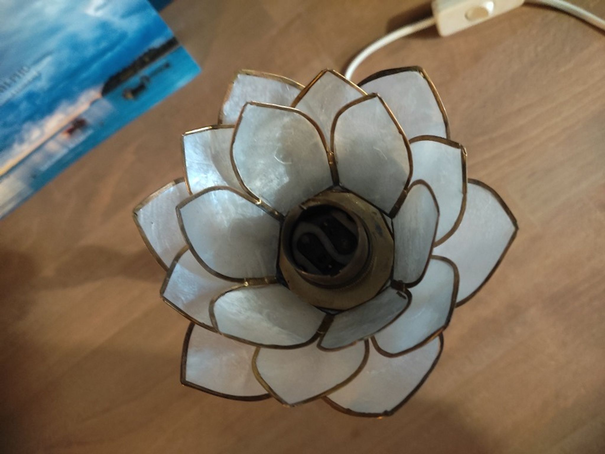 Bedside lamp angel left flower lotus mother-of-pearl base cast iron patinated brass